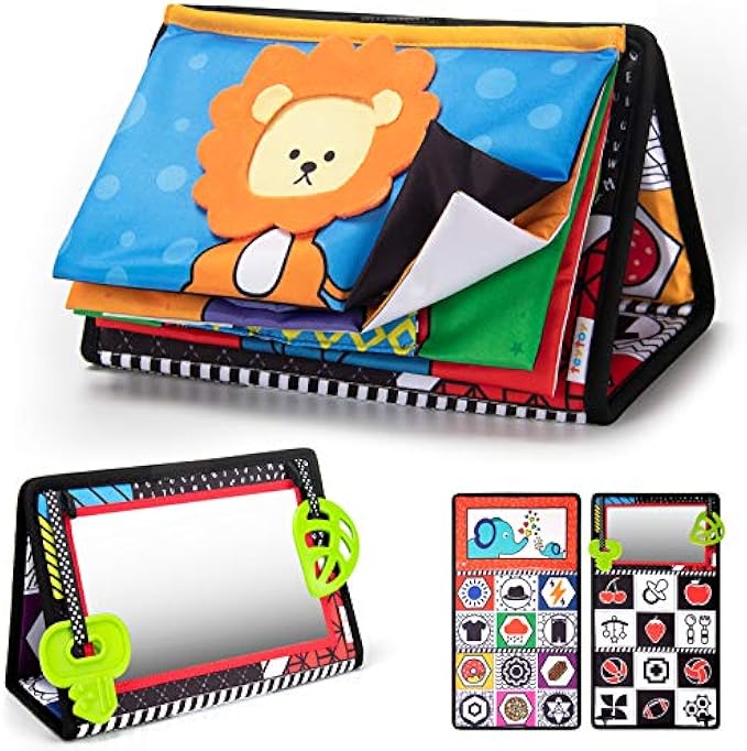 teytoy Tummy Time Floor Mirror with Crinkle Cloth Book and Teethers, High Contrast Black and White Baby Toys, Developmental Montessori Sensory Crawling Toy for Newborn Infant Toddler 0 3 6 Months Gift