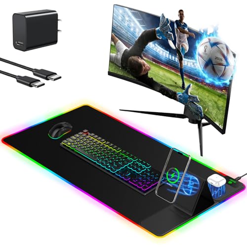 Image of Mouse Pad with Foldable Phone Holder & Wireless Charger, XXL RGB Gaming Mousepad 31.5 inchx15.8 inch Large Desk Mat for Keyboard, Black Desk Pad with Dual Qi Charging Station | 11 Colors 5 Modes | Waterproof