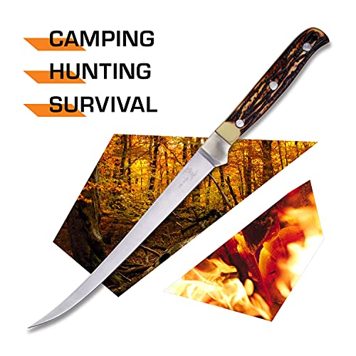 Elk Ridge - Outdoors Fixed Blade Fillet Knife - 12.25-In Overall, 440 Stainless Steel Blade, Jig Bone Handle, Leather Sheath - Hunting, Camping, Survival - Er-146 #TOP2