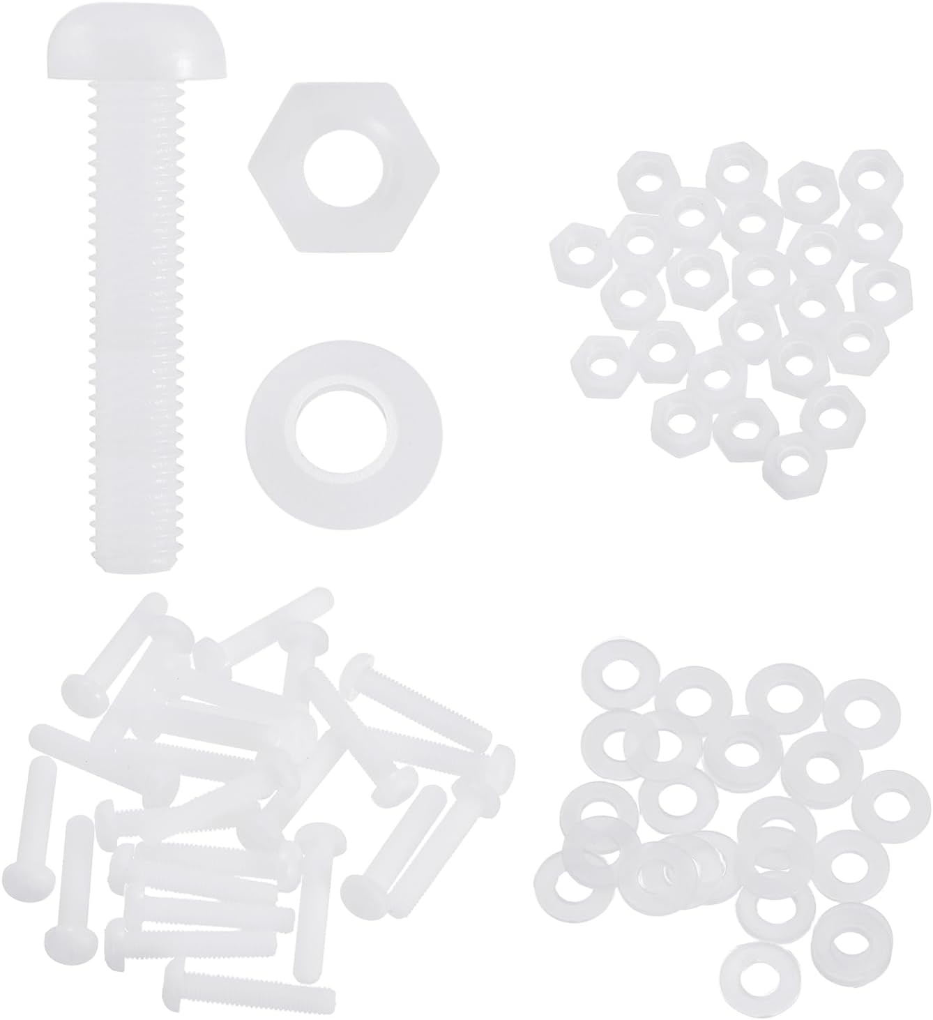 sourcing map 25 Set M5x25mm Nylon PA66 Plastic Cross Round Head Screw Phillips Bolts Hex Nuts Flat Washers Assortment Kit, Metric Full Thread Bolt Fasteners for DIY Machine Assembly, White