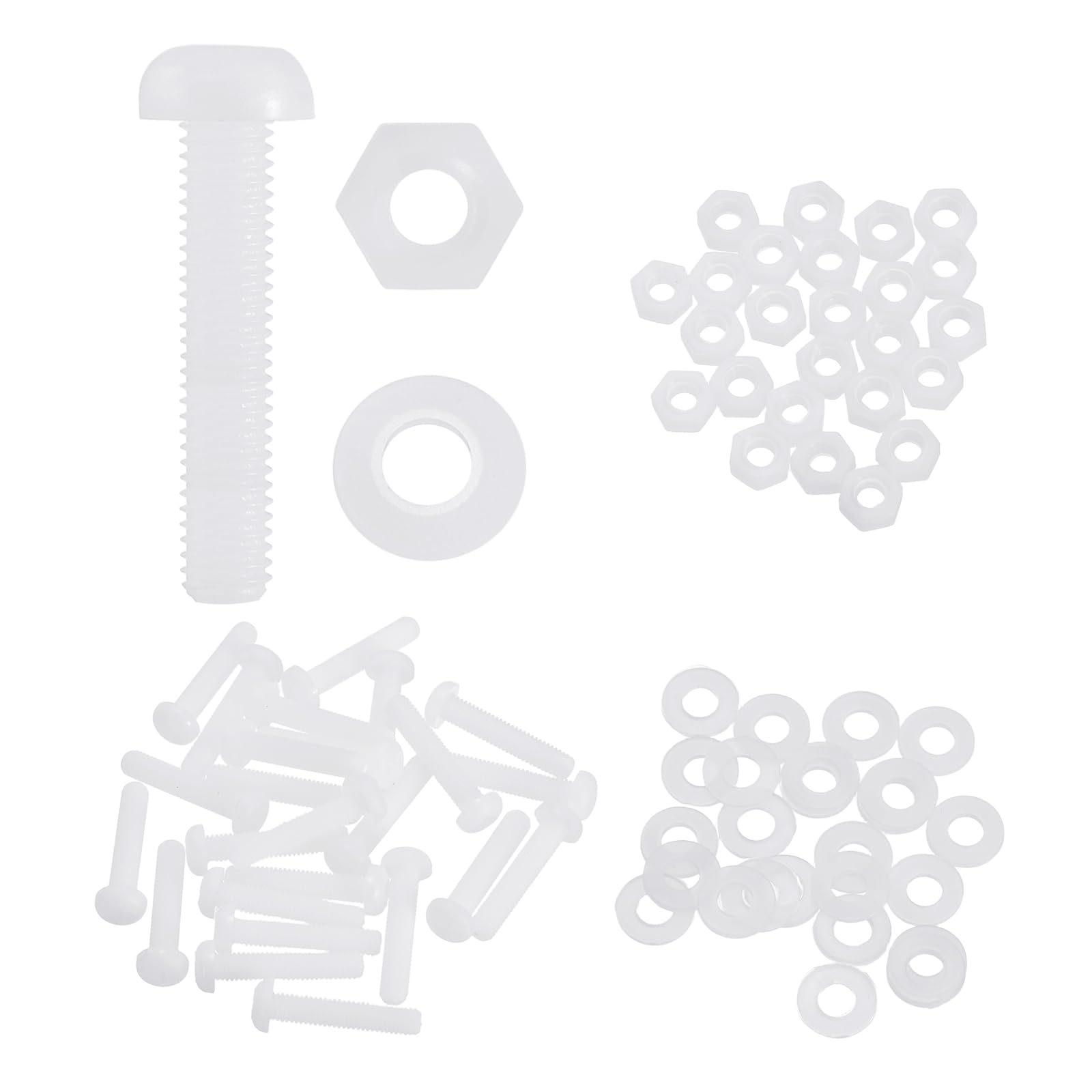 sourcing map 25 Set M5x25mm Nylon PA66 Plastic Cross Round Head Screw Phillips Bolts Hex Nuts Flat Washers Assortment Kit, Metric Full Thread Bolt Fasteners for DIY Machine Assembly, White — image 1
