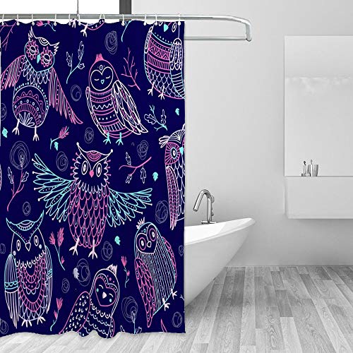 Rideau de douche chouettes 180x180 cm en polyester lavable avec crochets en C