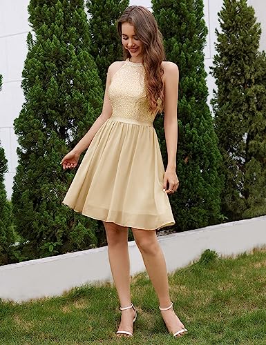 Image of Dressystar Women's Short Sequin Chiffon Halter Homecoming Cocktail Party Dress SQ88 Champagne M