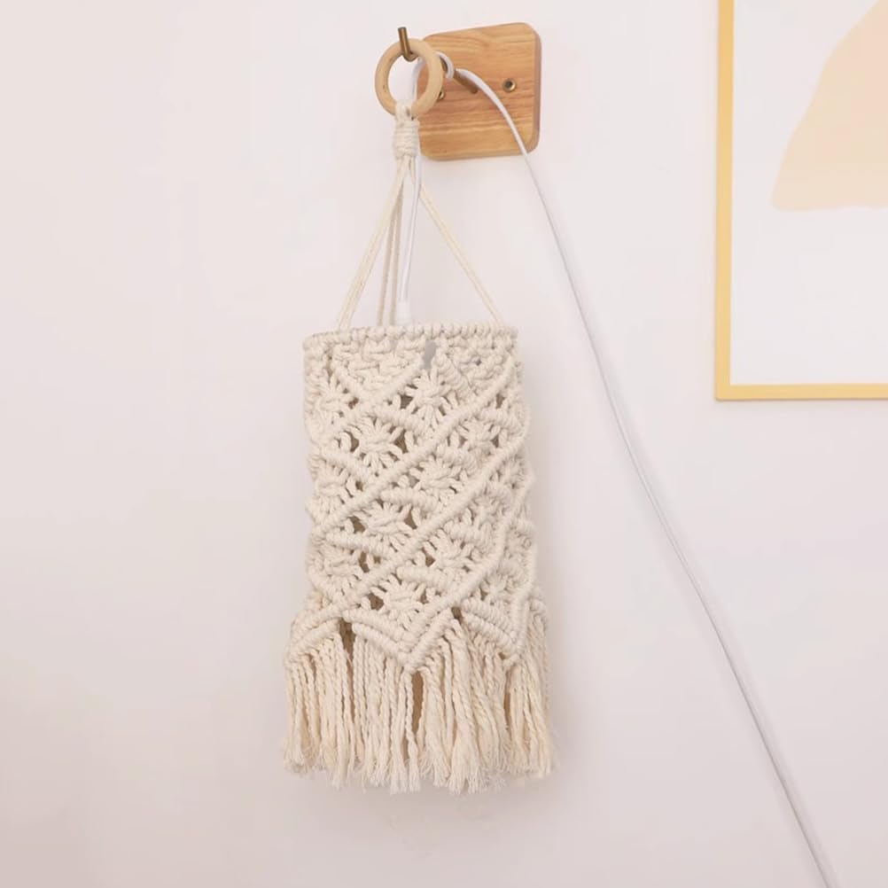 EaEa Vintage Boho Wandleuchte mit Schalter, E27 Innen Wandlampe mit 3m Kabel Stecker, Wand Nachttischlampe mit Seil Lampenschirm Weiß, Holz Rustikal Wandbeleuchtung für Schlafzimmer Wohnzimmer Flur