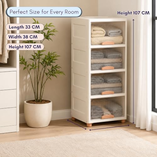 Image of HoopVool Foldable Storage Cabinet, Stackable Plastic Storage Box with Front Opening Door, Dustproof Organizer for Clothes, Toys, Books, Bathroom & Bedroom (4-Tier (33 X 38 X 107 CM))