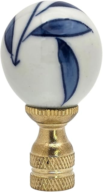 T-Trove 1" Blue White Asian Bamboo Leaves Porcelain Ball Finial with Brass Base for Lamp