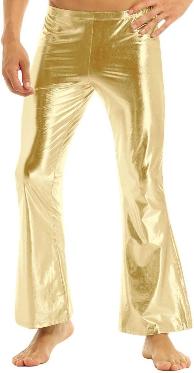 Men's Adult Shiny Metallic Patent Leather 70s Disco Pants for Men Bell Bottom Leggings Trousers