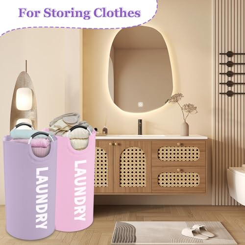 Image of 2Pcs 95L Purple + Pink Laundry Basket, Folding Laundry Hampers for Women with Soft Handles, Freestanding Dirty Clothes Basket, Sturdy Oxford Fabric Clothes Hampers for Travel, Dormitory