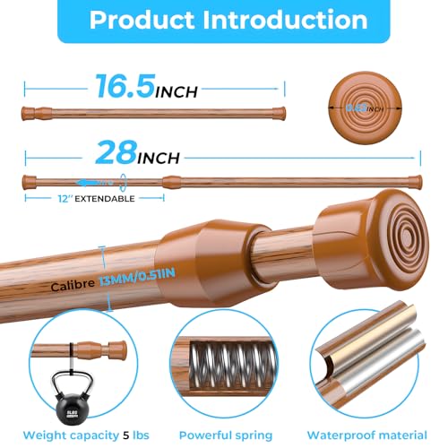Image of AIZESI 2PCS Curtain Rods Small Tension Rod 17 to 28 Inch Extendable Spring Curtain Rods Wood Color Tension Curtain Rod Short Spring Tension Rod for Window