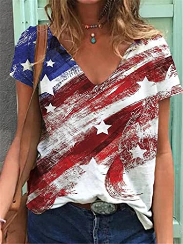 Womens Causal Short Sleeve Patriotic Shirts V Neck American Flag Print 4Th Of July Graphic Tees Shirt Tops（Us Flag,Xl） #TOP1