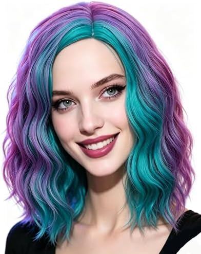 NiceLisa Women 16 Inches Blue Purple Rainbow Colorful Curly Wave Fashion Part...