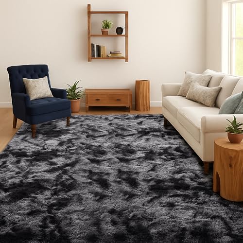 SOANNY Alfombra de Pelo Largo para Salón, Lavable Antideslizante y Suave, Diseño Tie-Dye Shaggy para Dormitorio y Habitación Infantil, Tapete para Cama, 180x270 cm, Gris Oscuro