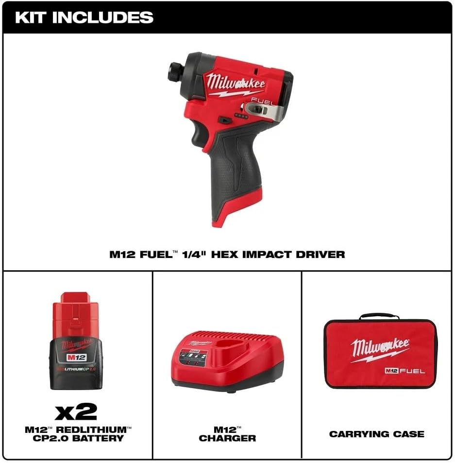 3453-22 1/4 Inch Hex Impact Driver Kit FOR Milwaukee M12 FUEL 12V GEN 3 Brushless Impact Driver with FOR REDLITHIUM Batteries Charger Bag 1500 in-lbs Torque