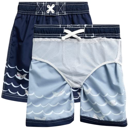 Wippette Baby Boys' Swim Trunks - 2 Pack Quick Dry Board Shorts Bathing Suit (Size: 12M-4T), Size 3T, Royal Blue Shark Wave #TOP1
