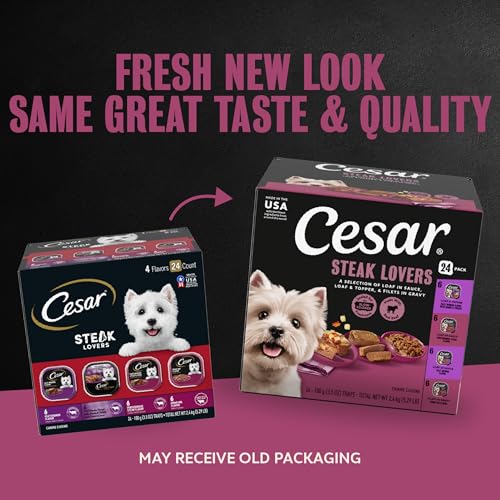 Image of Cesar Wet Dog Food, Steak Lovers Variety Pack, 3.5 oz, 24 Count | Real meat #1 ingredient, easy peel trays, 100% complete & balanced, no fillers, no added sugar, no artificial flavors