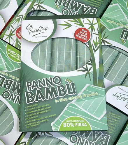 PEDRO SHOP Panno Bambù Ecologico, Set 5 Pezzi, Verde, Massimo Sgrassaggio, Antibatterico, Dermatologicamente Testato, 80% Fibra Naturale