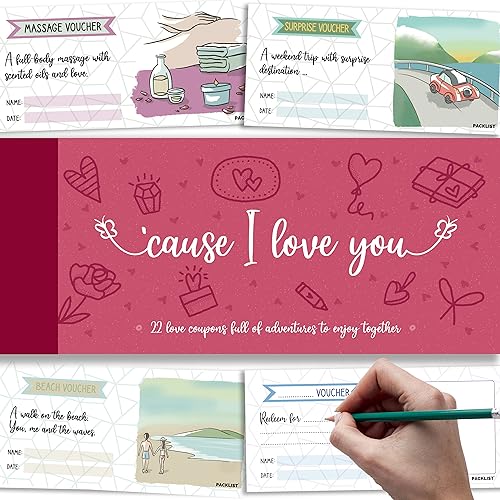 PACKLIST® Couple's Voucher Book, Date Night Ideas with 22 Gift Vouchers for Your Partner - Romantic Adventures, 6 Blank Customizable Gift Coupons - For Couples Who Love Life!
