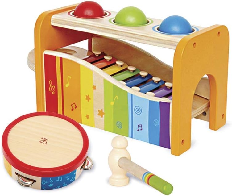Hape Pound, Tap, & Shake Educational Music Kit with Pound Toy, Slide Out Xylophone, and Tap-Along Tambourine for Toddlers