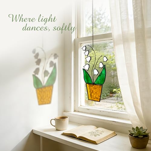 Lily of The Valley Stained Glass Suncatcher - Classic Tiffany Style, 8 Inch Real Handmade Glass with Copper Foil, Natural Black Edged Window Hanging, Gift for Plant Lovers, Mom, Grandma — view 2
