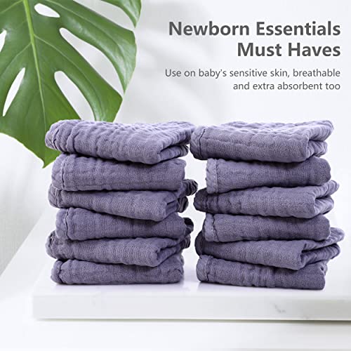 Image of SWEET DOLPHIN 12 Pack Muslin Burp Cloths Large 100% Cotton Hand Washcloths for Baby - Baby Essentials Extra Absorbent and Soft Boys & Girls Milk Spit Up Rags for Newborn Registry - Grey, 20 inch X10 inch