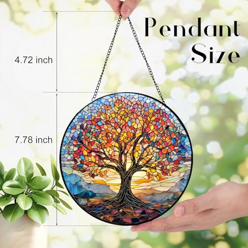 Zizzie Stained Glass Tree of Life Suncatcher - 7.9" Real Glass Rainbow Mosaic Window Hanging, Weatherproof Spiritual Zen Decor, Vibrant Family Roots Housewarming Gift for Mom Grandma Women by Zizzie - Image 3