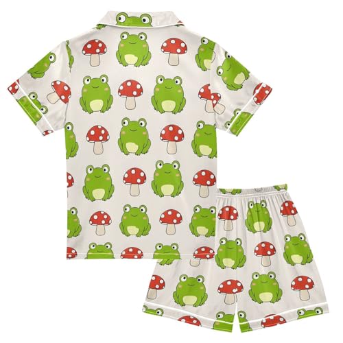 Reiacy Kids Satin Pajamas Set, Mushroom Frog Girls Boys Short Sleeve Button-Down Shirt & Shorts Sleepwear Pjs 5-6 yrs - Image 3