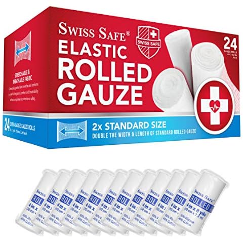 Swiss Safe Long Elastic Stretch Gauze Rolls, 4 Inch x 8 Yards, (24 Pack) Cover