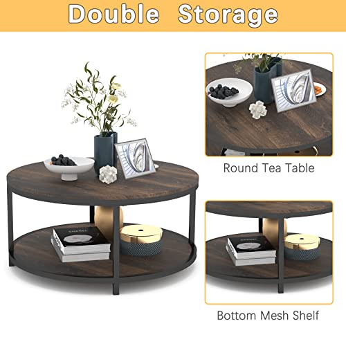 NSdirect 36 inches Round Coffee Table, Rustic Wooden Surface Top & Sturdy Metal Legs Industrial Sofa Table for Living Room Modern Design Home Furniture with Storage Open Shelf(Rustic Brown) - Thumbnail 4