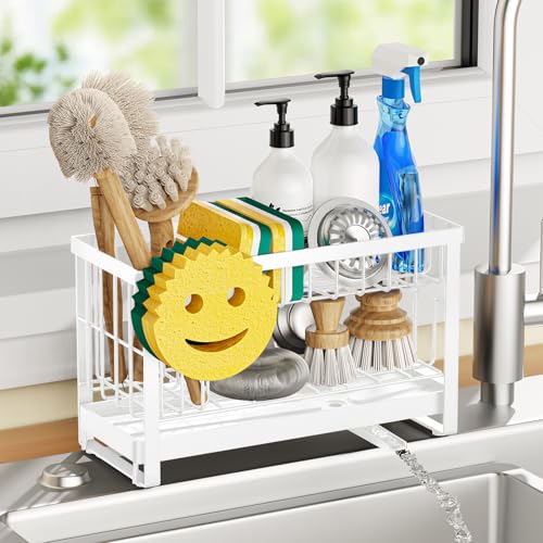 Taugast Sponge Holder for Kitchen Sink with Flexible Smiley Face, 2 Tier Kitchen Sink Organizer, Countertop and Storage Essentials, Soap Dispenser Organizer, Home Decor Accessories - White