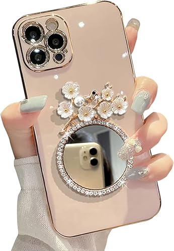 Casechics Funda compatible con iPhone, diseño de espejo de diamante con purpurina, diseño de flores brillantes, galvanizado floral, protección de