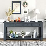 63" Long Console Table with 4 Storage Drawers and Solid Wood Legs for Entrance Hallway Office Display, Mid-century Modern Design Entryway/Sofa Sidetable with Open Bottom Shelf for Bedroom Living Room -  FULife