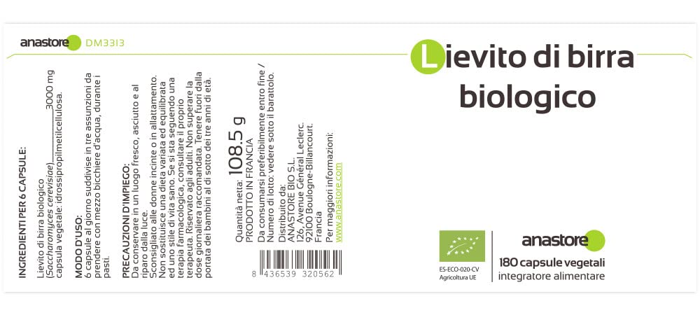 LIEVITO DI BIRRA BIO * 500mg / 180 capsule vegetali * Prevenzione dell'invecchiamento * Qualità controllata con certificato d'analisi * 100% soddisfatti o RIMBORSATI* Fabbricato in FRANCIA