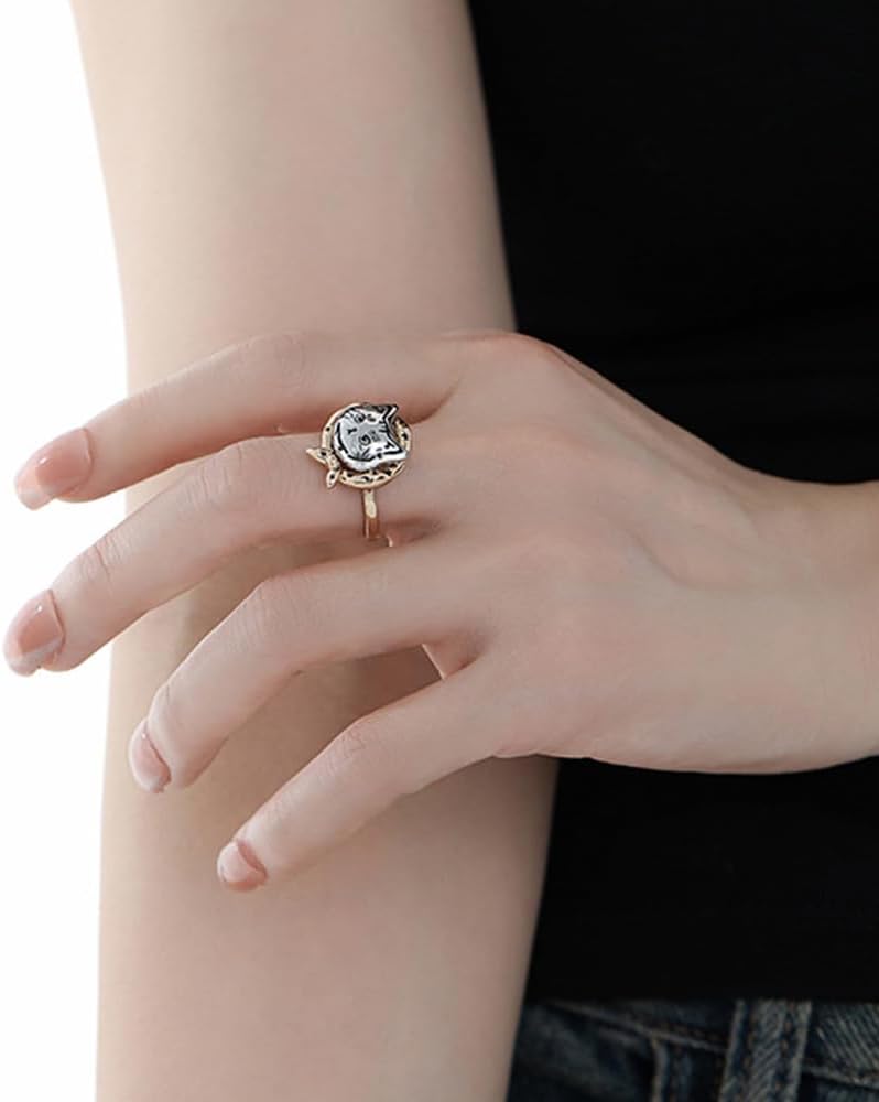 Cute Cat Ring for Women Adjustable Stacking Statement Lovely Kitten Animal Trendy Open Band Hypoallergenic Gold-Tone Plated Unique Rings Comfort Fit Finger Promise Engagement Wedding Jewelry for Pet Lover - Image 4