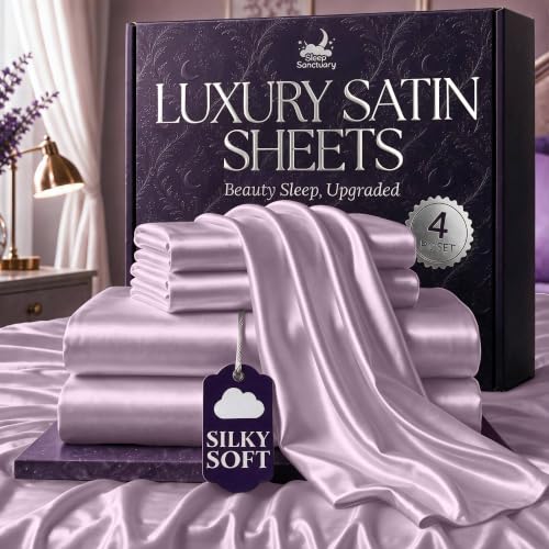 SLEEP SANCTUARY Satin Sheets Queen Size – 4 Piece Luxury Silky Bed Set, Softer Than Silk, 15" Deep Pocket, Cooling & Wrinkle-Free, Moisture-Wicking & Breathable for Hair & Skin (Lavender)
