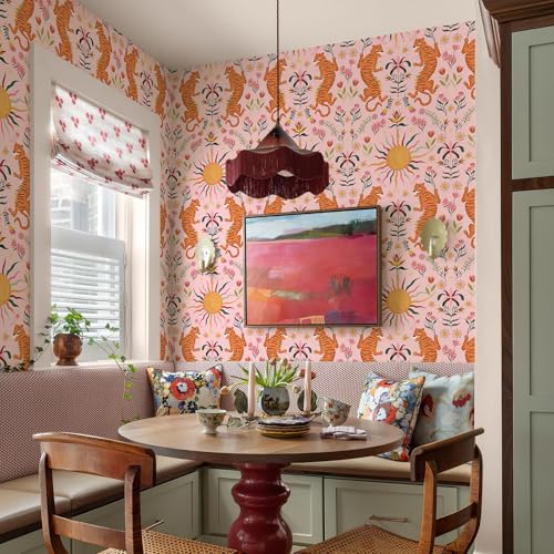 JiffDiff Pink Tiger Peel and Stick Wallpaper - Tropical Tiger Boho Removable Self Adhesive Jungle Animal Wall Paper for Bedroom, Living Room, Nursery Waterproof DIY Wall Decor (17.3" x 480") by JiffDiff - Image 3