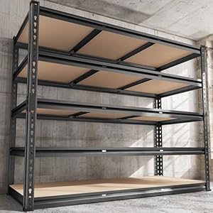 REIBII 48″ W Garage Shelving 3020LBS Storage Shelves 5 Tier Heavy Duty Shelving Adjustable Garage Shelves for Basement, Warehouse, Commercial, Easy Assemble, 48″ W x 72″ H x 24″ D
