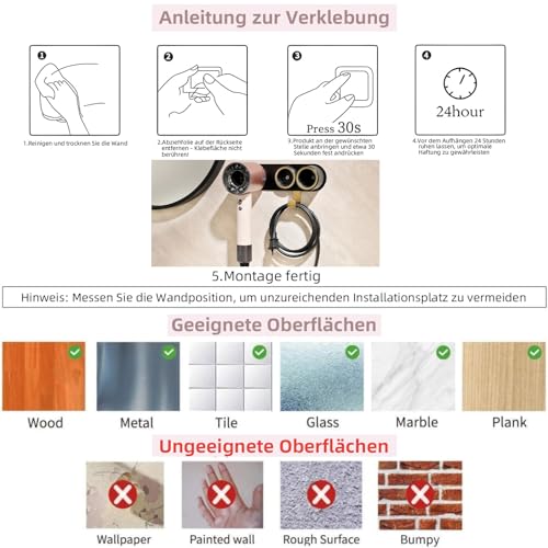 UEMUSI Haartrocknerhalter, Föhn Halterung Ohne Bohren, Halterung Föhn Ohne Bohren für Schlafzimmer Föhnhalter Wand Ohne Bohren Halterung für die Meisten Haartrockner Fön Halter Weiß für Badezimmer