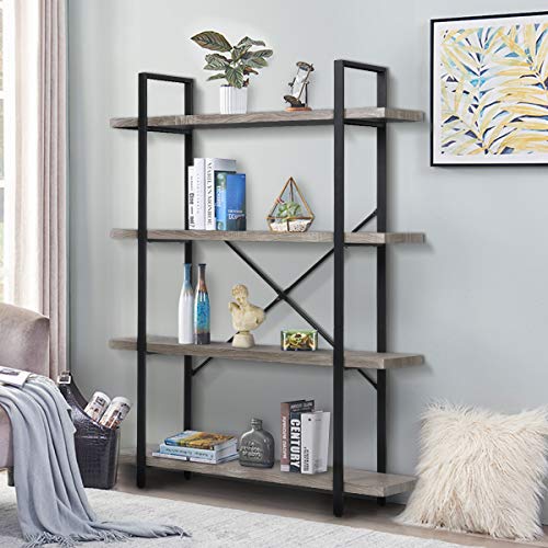 KINGSO Industrial 4-Tier Bookshelf Rustic Storage Rack Shelves with Wood Look and Metal