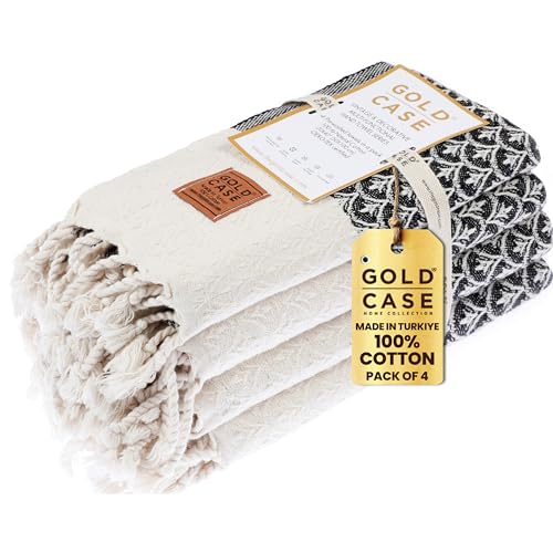 Gold CASE Turkish Hand Towels for Bathroom Set of 4 – 100% Cotton Bathroom Towels – Helen Kitchen Small Towel for Spa, Face, Tea & Dishcloth – Decorative Patterned Weave – Black