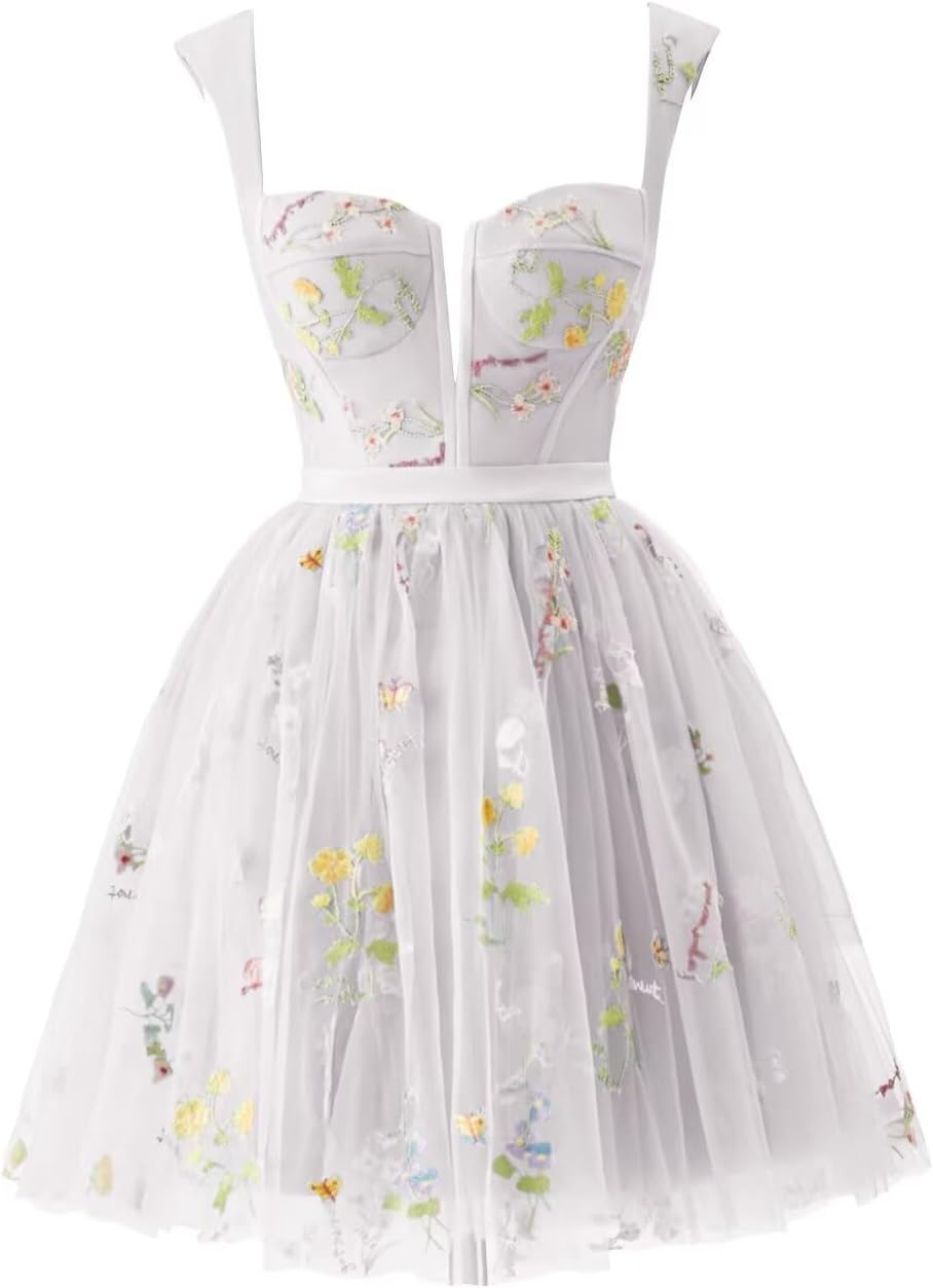Eightale Tulle Flower Embroidery Homecoming Dresses Spaghetti Straps Short Floral Prom Party Dress