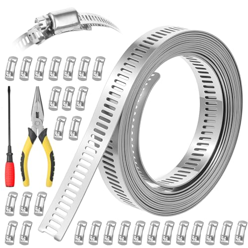 Ckhoid 30FT Hose Clamps and 30 Fasteners, Cut-To-Fit 304 Stainless Steel Adjustable Large Worm Gear Band Clamp Assortment Kit with Stronger Fasteners, Metal Strap Screwdriver for Pipe, Duct, Tube