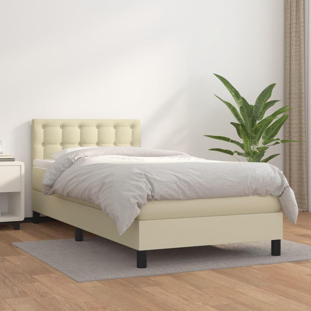 Letto a molle con materasso e testiera regolabile, in ecopelle color crema, 90 x 200 cm, con coprimaterasso, telaio resistente, comodo per dormire, ideale per chi dorme sulla schiena e sulla