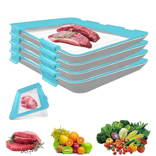 BEZHGOC Stretch Fresh Storage Trays, 4Pcs Stackable Cold Meat Containers with Elastic Lid for Fridge Vacuum Food Preservation Tray for Meat Vegetable Fruit (Blue)