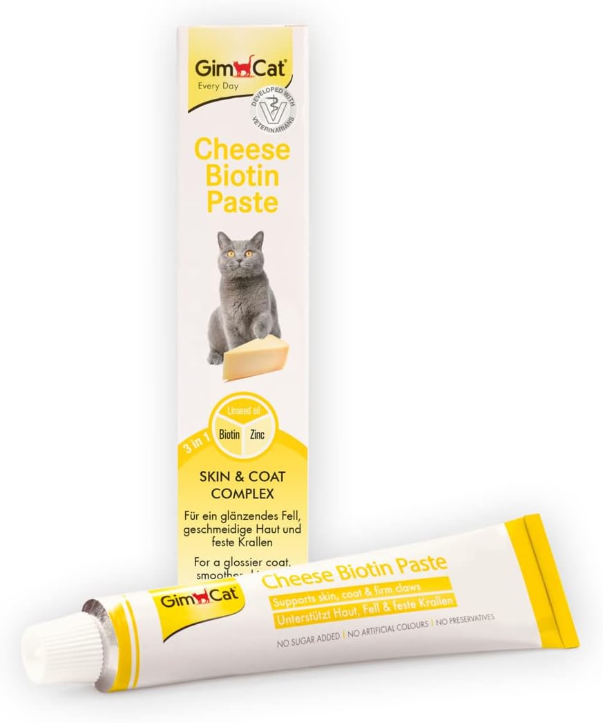 GimCat Cheese Biotin Paste - With tasty cheese, zinc and linseed oil for coat, skin and claws - 1 tube (1 x 50 g)