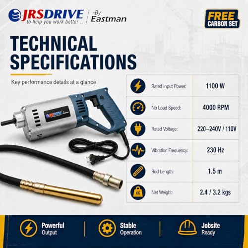 Image of Eastman 1100W Concrete Vibrator | 4000 RPM | 230 Hz | 220-240V | 2.4 kg | Includes 1.5m Rod | For Construction & Civil Work | EEV-1.5