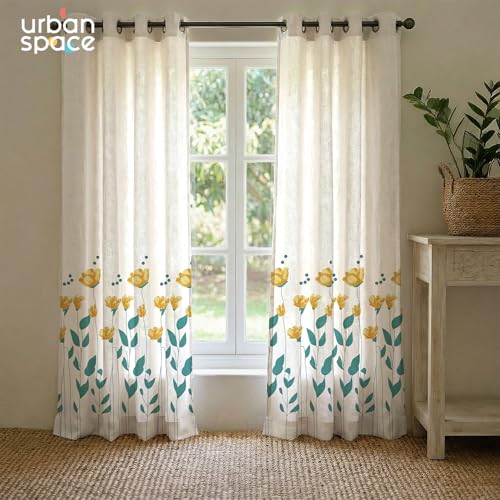 Image of Urban Space 100% Cotton Curtains 7 feet Long Set of 2, 60-65% Room Darkening, Decorative Curtains with Eyelets /Rings for Hanging, Tieback Included (Sunny Blooms Yellow, Door - 7 Feet)