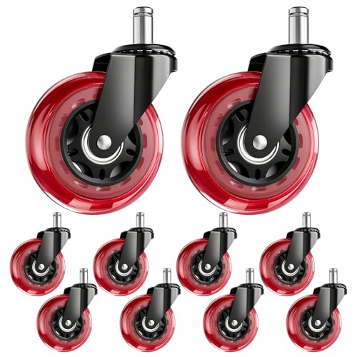 Image of 3 Inch Office Chair Wheels, Set of 10 (Red) | Heavy Duty Replacement Casters for Hardwood Floor & Carpet, Smooth Quiet Roll, Universal 11mm Stem, Non-Marking PU Wheels