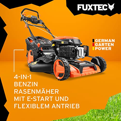 FUXTEC 4u1 benzinska kosilica za travu FX-RM5196eSPRO s električnim pokretanjem i podesivim vlastitim pogonom, vrtna kosilica uključujući prednji branik, širina rezanja 51 cm, veliki kotači s kugličnim ležajevima, košara za skupljanje trave od 60 L