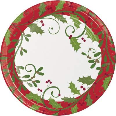 Winter Season Christmas Party Decorations, Holiday Holly Printed 9 Inch Round Paper Plates, Box of 96