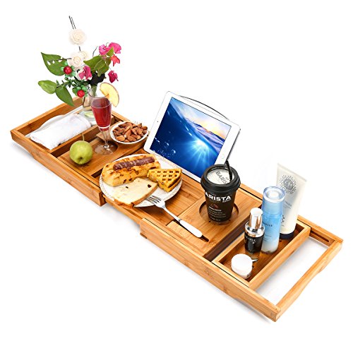 Hossejoy Bathtub Caddy Tray& Laptop Desk with Foldable Legs, 2 in 1 Wisdom Design – Luxurious Bathtub Caddy with Extending Sides, Tablet Holder, Reading Rack,Cellphone Tray and Wine Glass Holder